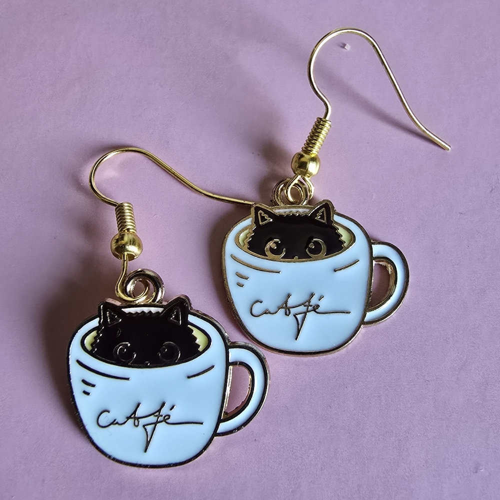 Cat In Coffee Mug Earrings 18k Gold Plated Nickel Free Hooks